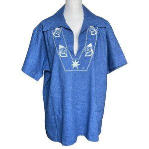 Shell Embroidered Blouse XL Shirt Beach Tropical Sun Spiral Chambray Blue Cream